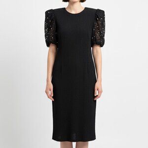 Vintage Lace Pearl Puff Sleeve Leslie Fay Dress Crepe Crinkle 80’s Holiday Party